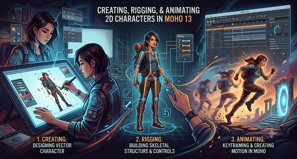 Creationg 2D vector characters, Rigging and Animating them in Moho 13